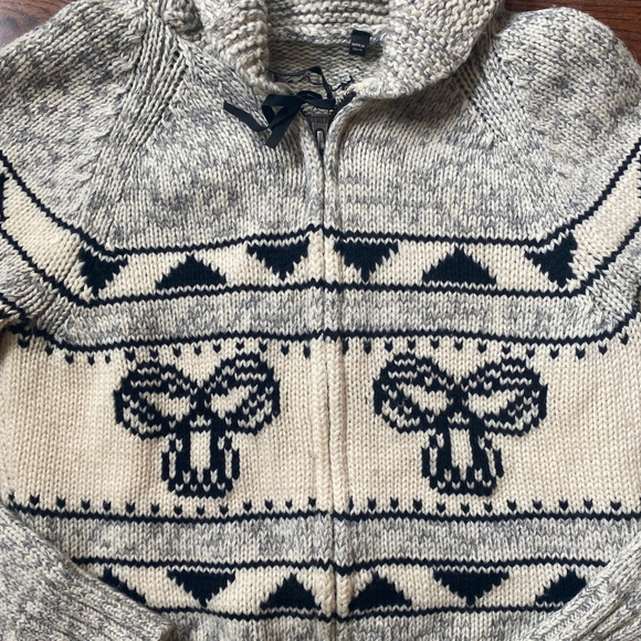 TNA Women’s XS Hooded Cowichan Knit Lambswool Sweater Beige & Black Zip Front - Picture 2 of 11
